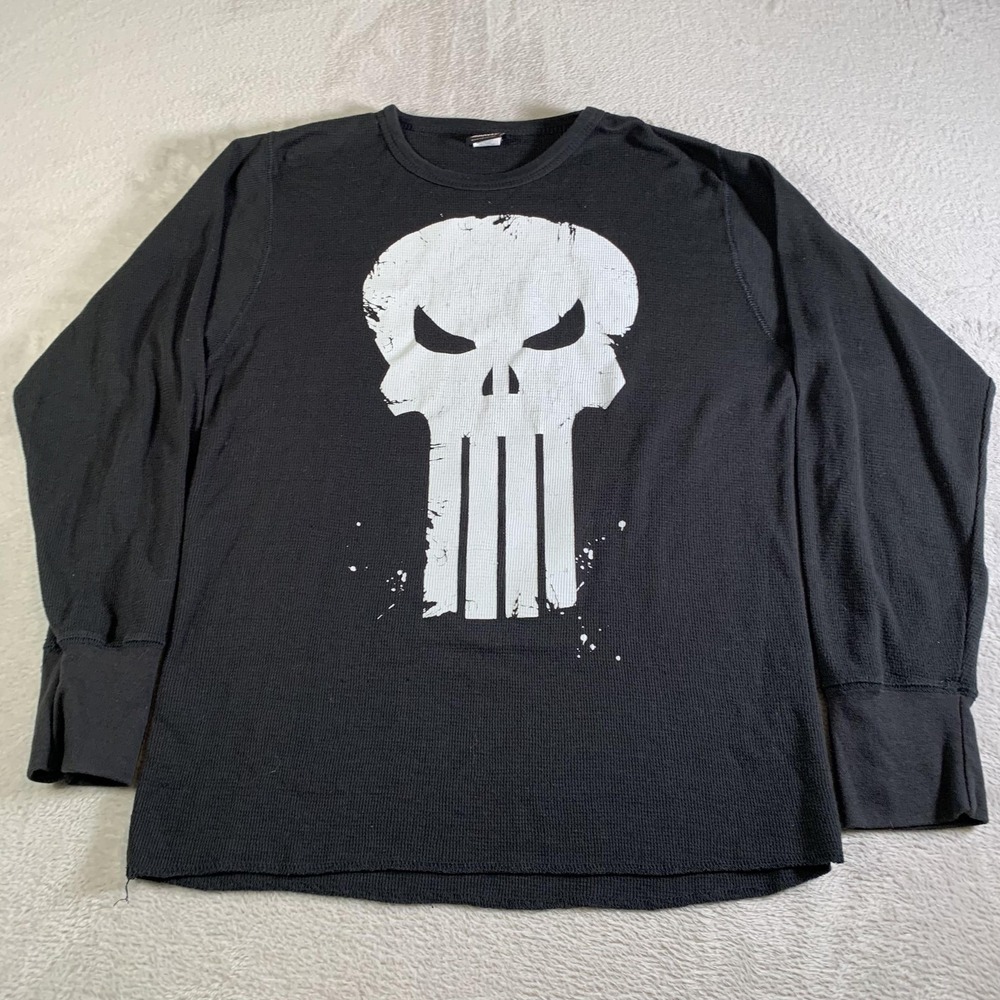 Vintage Marvel Shirt Mens Large Black Punisher Skull Thermal Long Sleeve Tee
